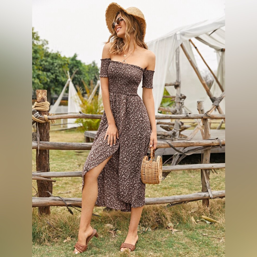 Ditsy Floral Bardot Shirred Wrap Hem Dress